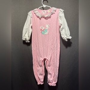 Vintage - Sears - Pink and White One Piece - Lace and Bunny Detail - 24 Months